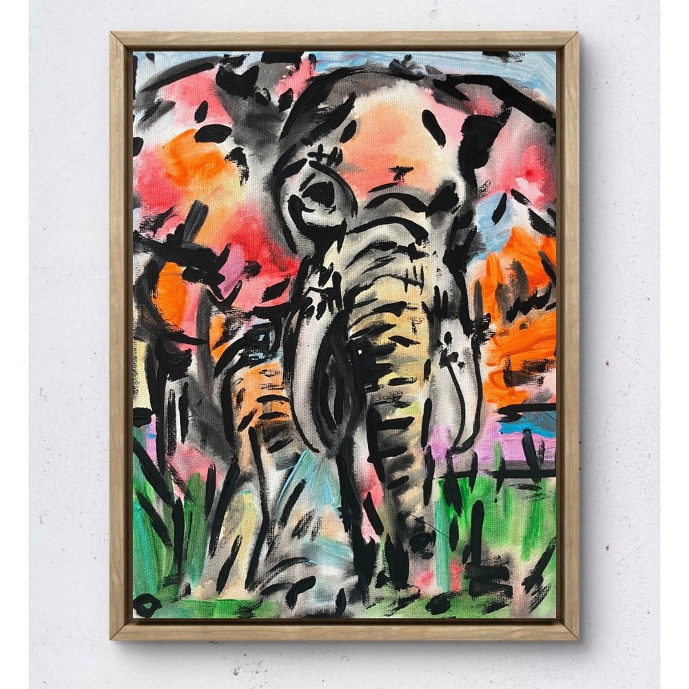 OMAN Abstract Elephant Painting 8x10 Canvas Original Art Colorful Wildlife Decor